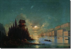 Вид приморского города вечером с зажженным маяком. 1870-е