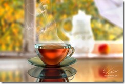 Hot steamy black tea in front of a window glass with water drops in an autumn rainy day