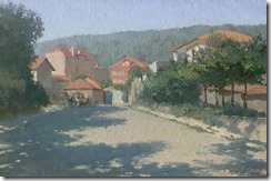Oil landscape street in Obzor with horse and trees
