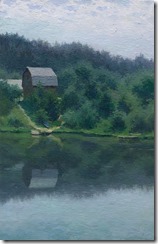 Oil landscape painting of riverside with wooden house and trees