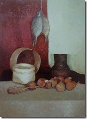 Oil still life painting with fish