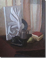Oil still life painting of academic shool with phone and fruits